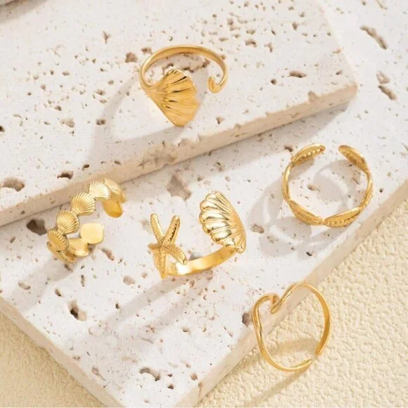 5PCS Gold Seashell Rings Women Beach Summer Jewelry Surfer Wave Gift - Picture 2 of 4